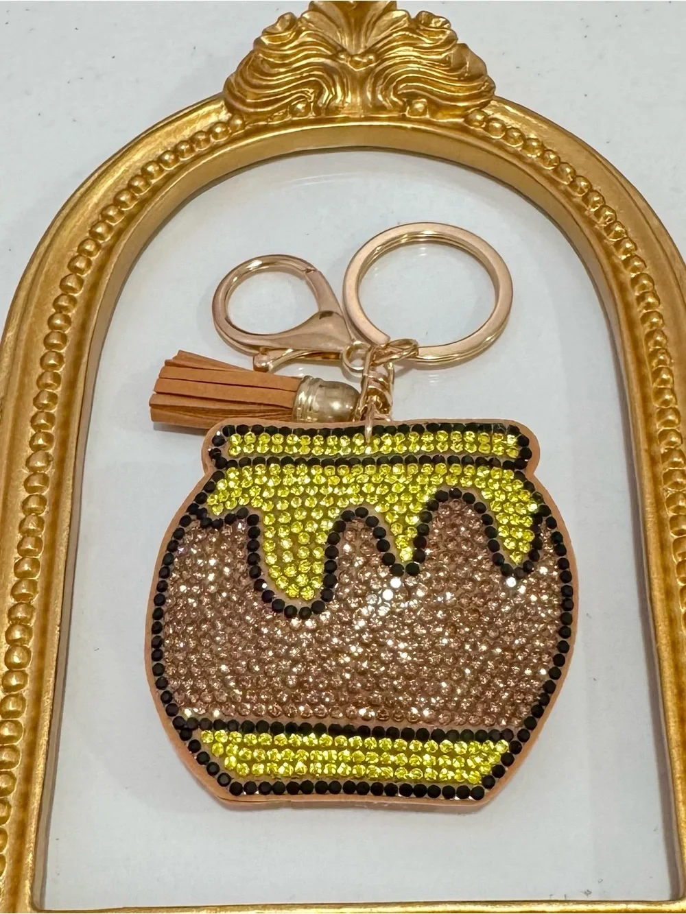 New Rhinestone Honey Pot Keychain Bag Charm Gold and Brown